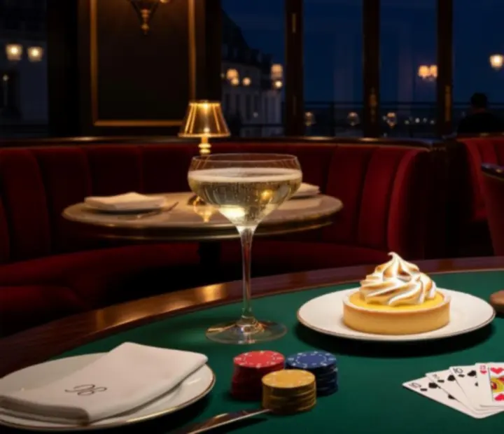 Coupe de champagne, tartelette au citron et jetons de blackjack disposés sur une table élégante