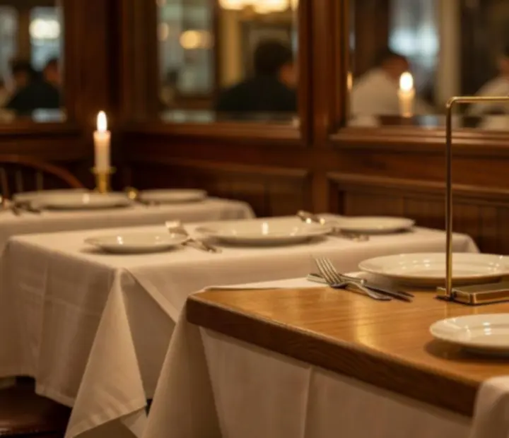 Ambiance de dîner avec marbre, bois clair et lumières dorées