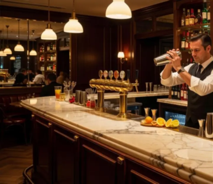 Comptoir à cocktails parisien en marbre crème avec verrerie et luminaires en laiton