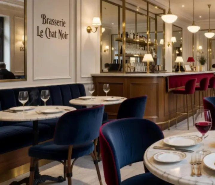 Salle de brasserie parisienne lumineuse avec tables dressées et touches bleu nuit