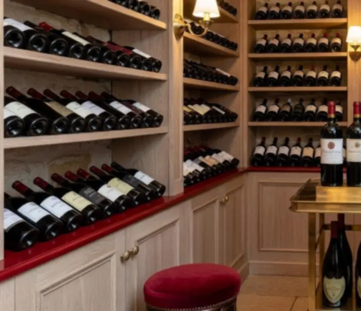 Cave à vin de brasserie parisienne avec bouteilles alignées