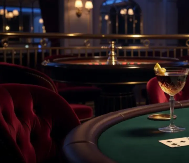Cocktail posé près de cartes à jouer et jetons dans un espace de casino hors ligne