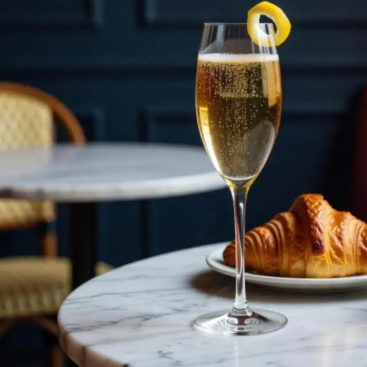 French 75 dans une flûte élégante sur une table de brasserie parisienne