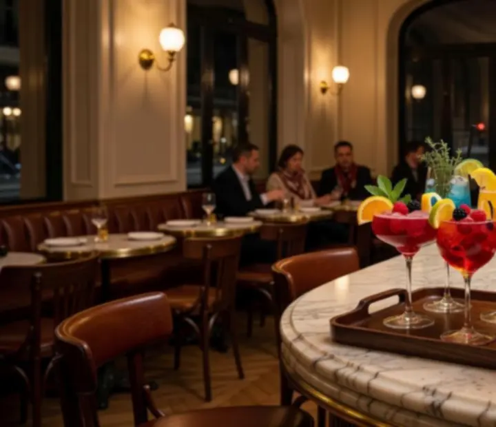 Plateau de cocktails signature dans une brasserie parisienne élégante