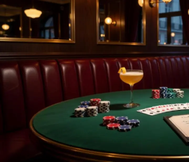 Cocktails maison servis sur une table de jeu avec cartes et jetons dans une brasserie parisienne
