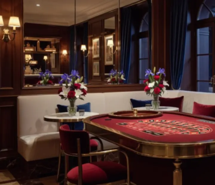 Décor parisien bleu nuit pour l’espace roulette avec miroirs et banquettes crème