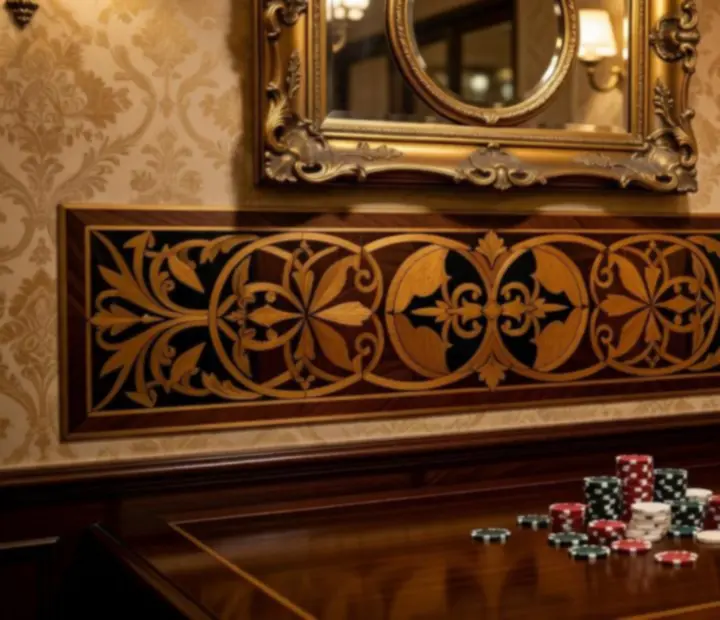 Détails de décoration mêlant laiton, miroirs et marbre entre brasserie parisienne et salon de cartes