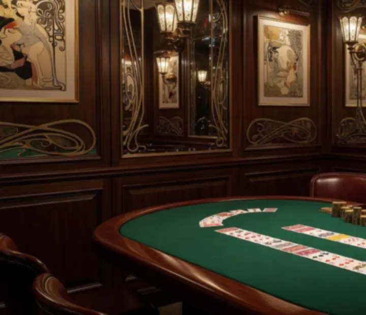 Espace casino parisien intimiste avec table de poker, roulette et jetons