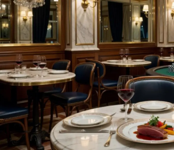 Salle lumineuse de brasserie parisienne avec table dressée et espace de jeu intimiste en arrière-plan