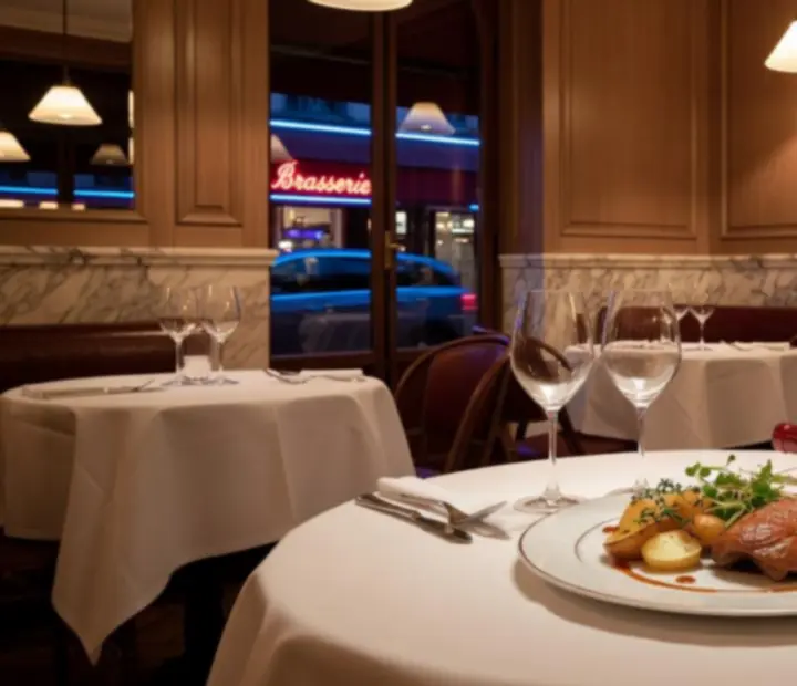 Table de brasserie parisienne dressée avec verres de vin et bouteille ouverte