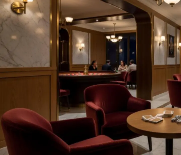 Lounge de roulette avec salon de cartes et vue sur la brasserie