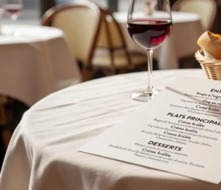 Menu français imprimé posé sur une table de brasserie élégante