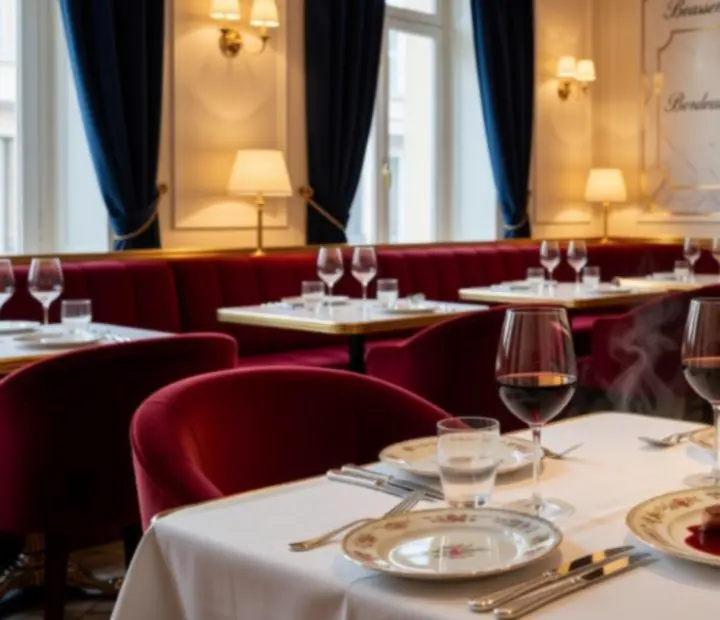 Salle de brasserie parisienne lumineuse avec table dressée et espace de casino hors ligne en arrière-plan