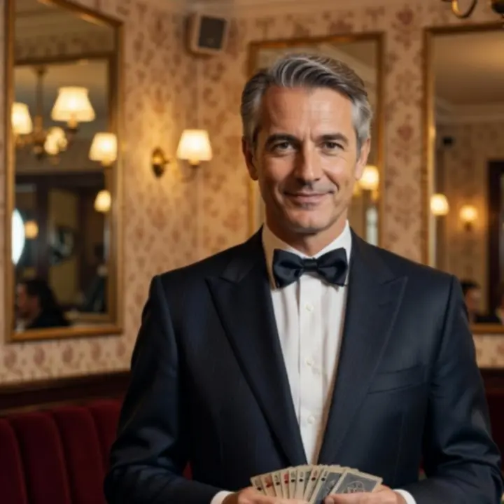 Croupier de blackjack élégant dans un salon de cartes de brasserie parisienne