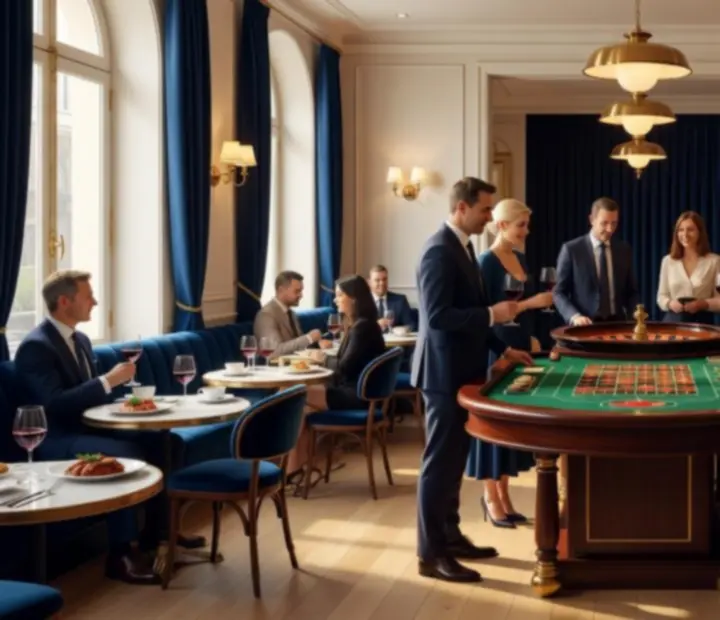 Salon de roulette parisien lumineux attenant à une brasserie élégante