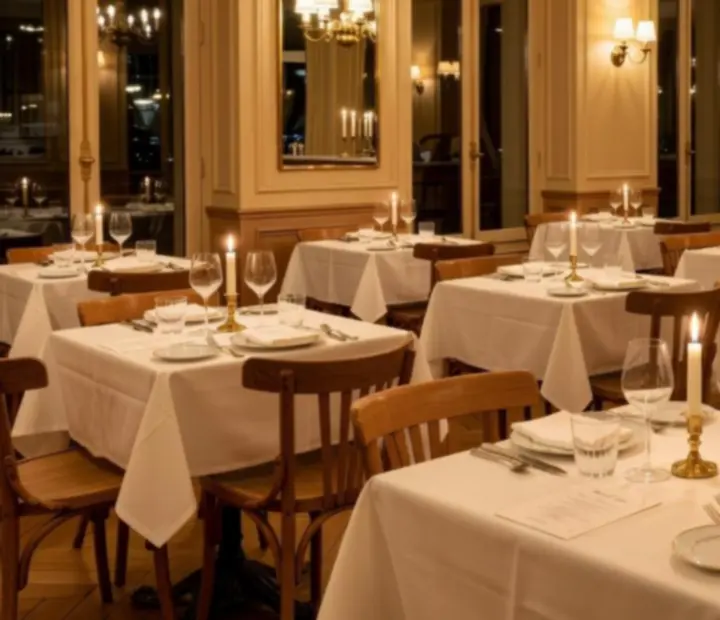 Salle de brasserie parisienne lumineuse avec table dressée et table de poker en arrière-plan