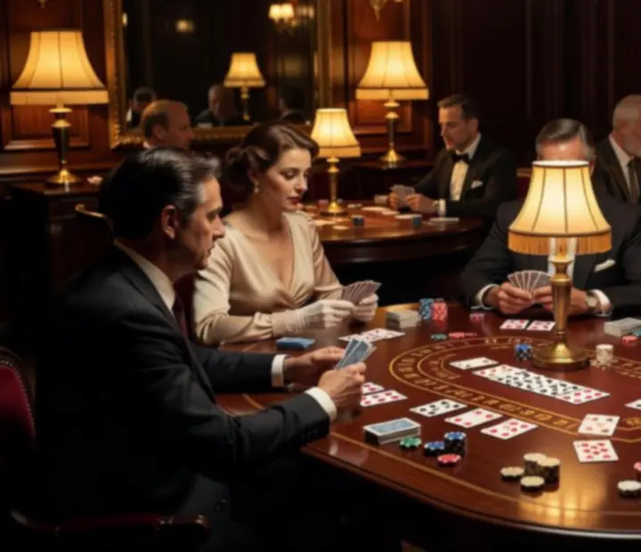 Salon de cartes parisien avec tables, cartes à jouer et jetons dans une ambiance feutrée