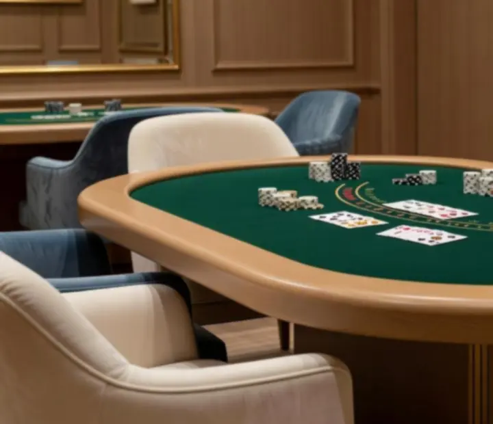 Salon de cartes avec table de blackjack en bois clair, fauteuils confortables et lumière tamisée