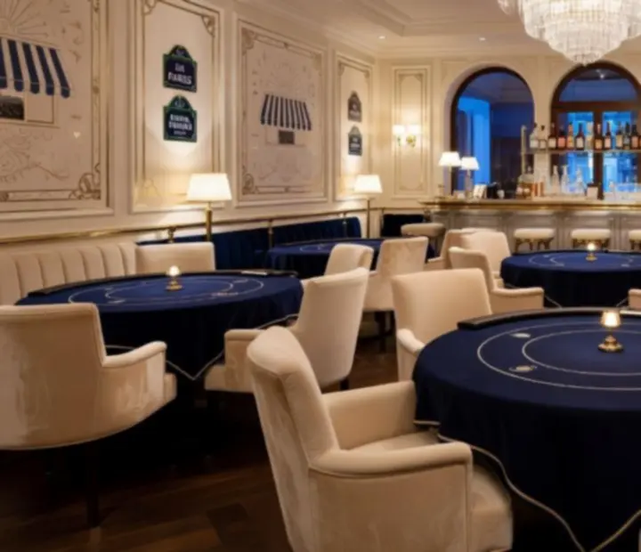 Salon de poker raffiné intégré à une brasserie française, avec éclairage tamisé et détails en laiton
