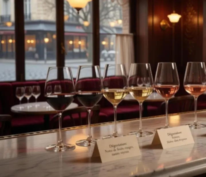 Sélection de vins servis dans des verres élégants pour accords mets et vins