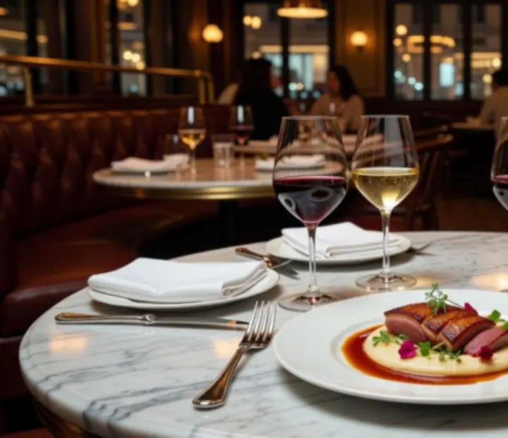 Service à table avec assiettes de gastronomie française et verres de vin