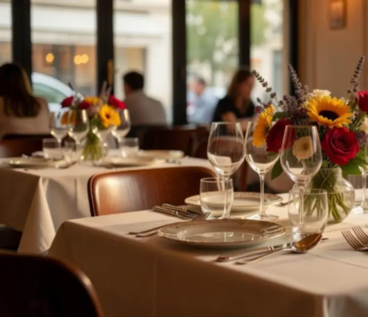 Table de brasserie parisienne avec nappes ivoire, vaisselle délicate et verres en cristal