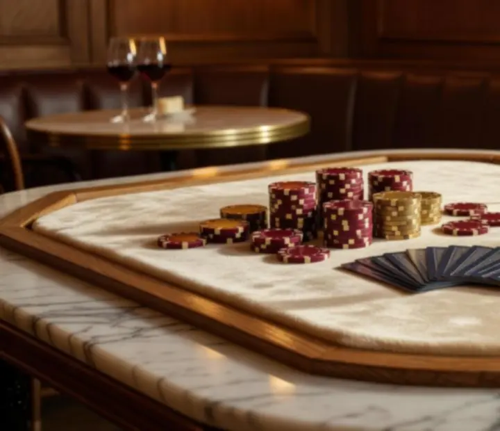 Table de poker parisienne avec jetons, cartes et fauteuils en cuir dans un décor chaleureux