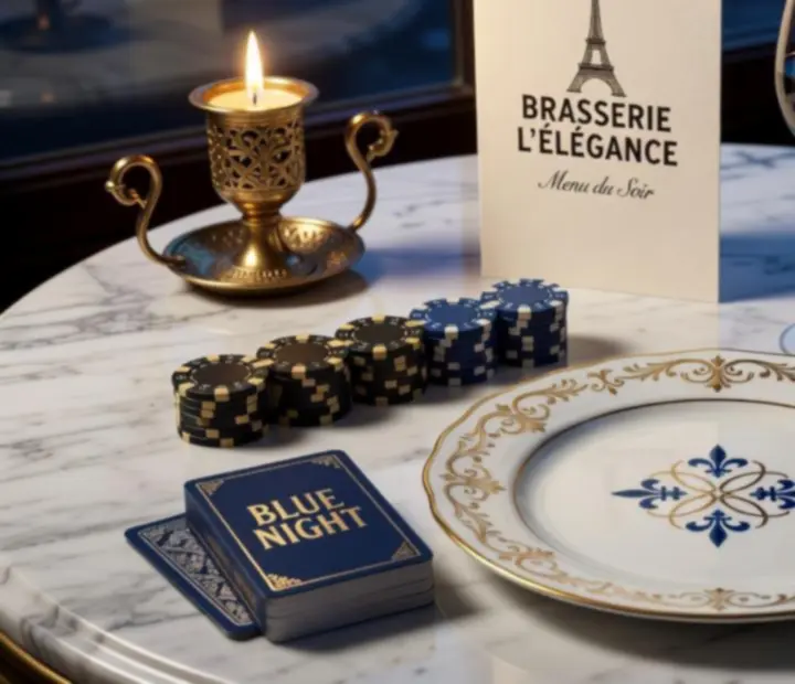 Détails de la soirée : menus imprimés, bougies, vaisselle décorée et éléments de jeux