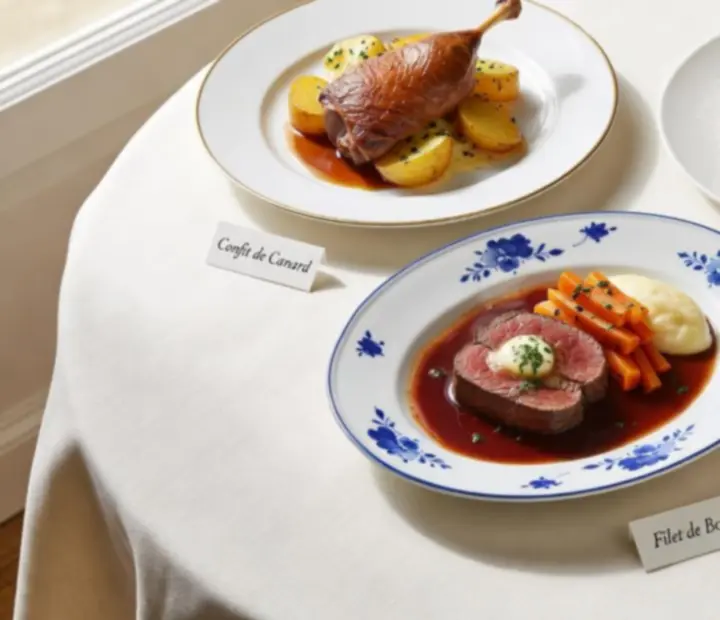 Assortiment de plats signatures de brasserie française sur table dressée