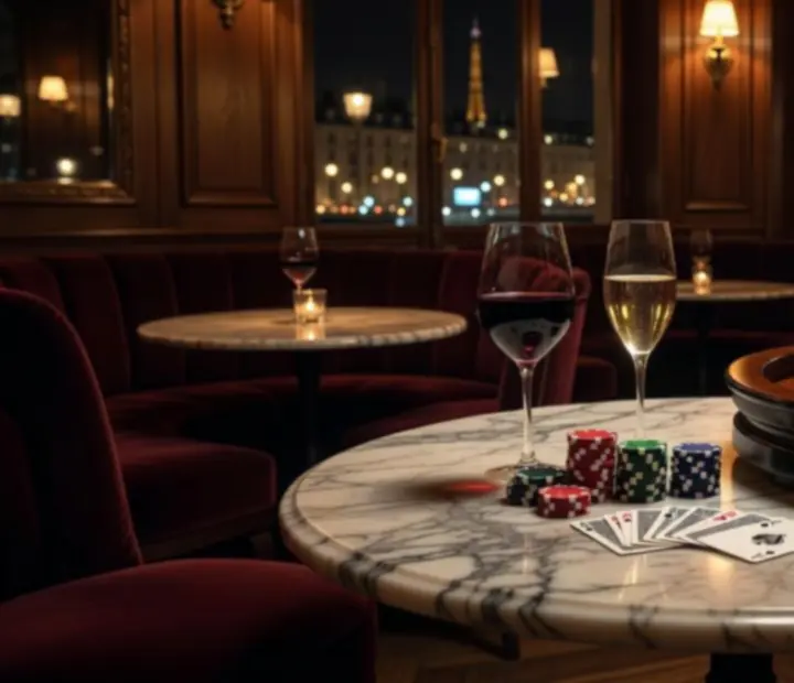 Verres de vin et jetons posés sur une table de jeu dans une brasserie parisienne